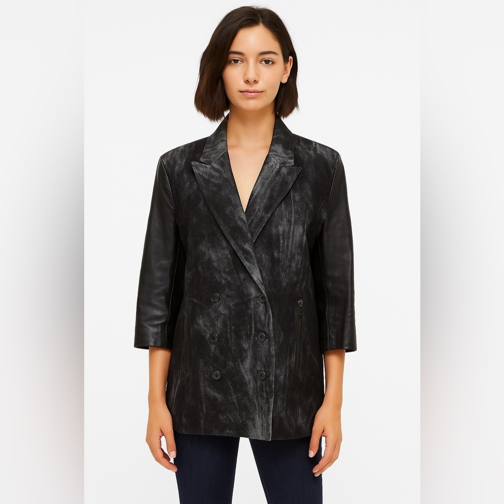ALEXANDER WANG Long Wool Double-Breasted Jacket with Leather Sleeves Size 2